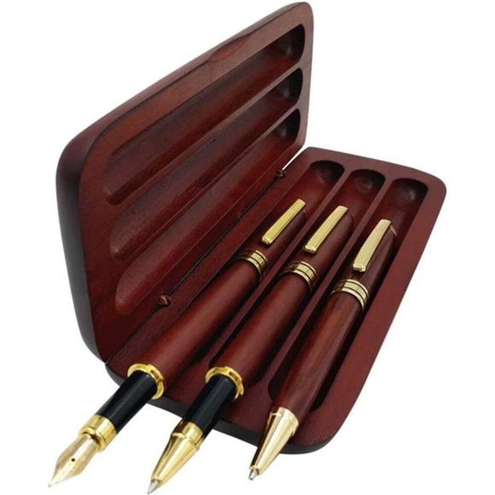3 Pcs Wooden Pens Set with Gift Case/Best Writing Fountain Fancy Ballpoint Pen